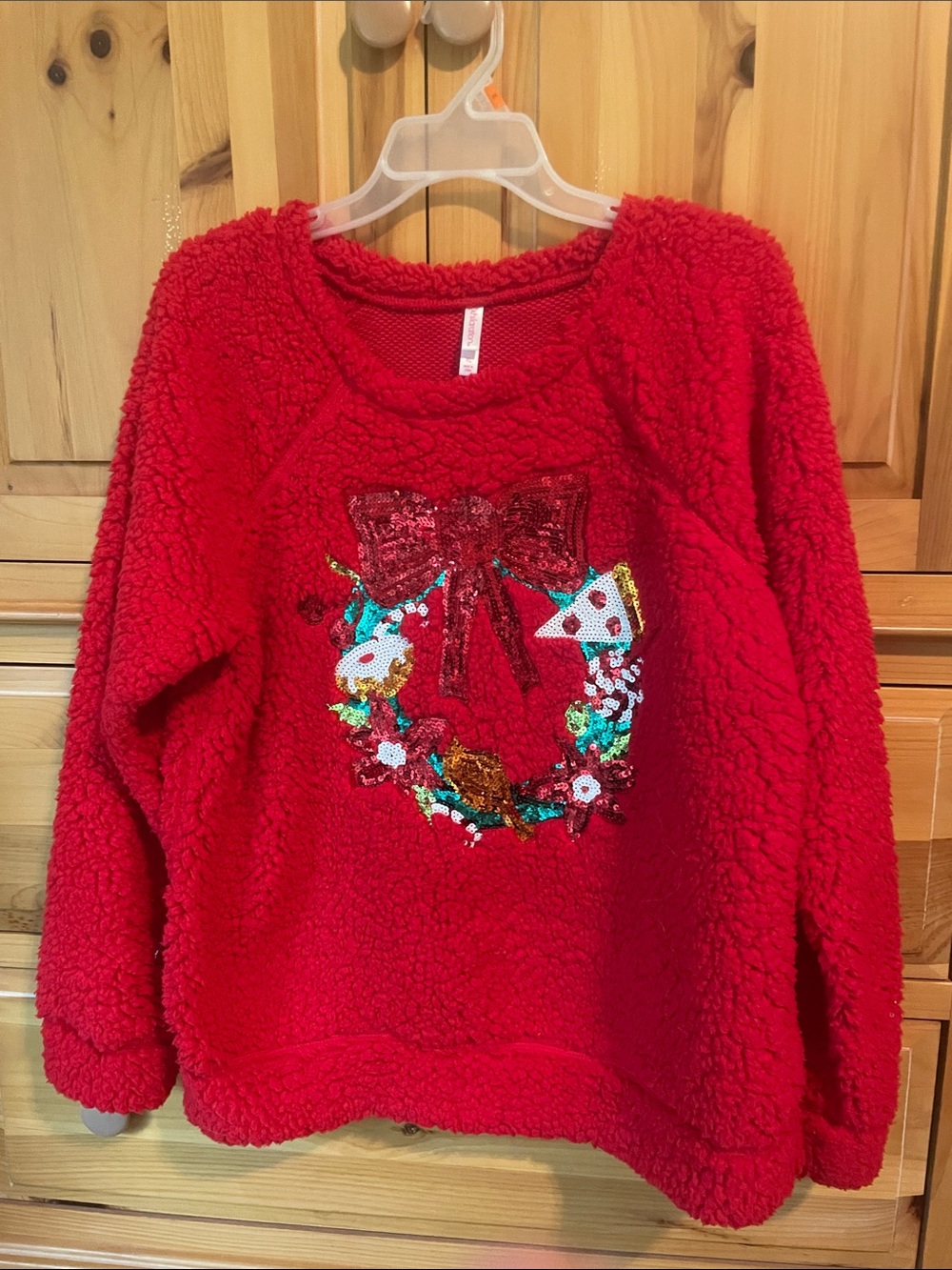 Chunky soft Christmas top with sequins of pizza, donuts, and chicken